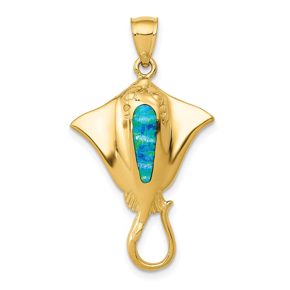 14k Yellow Gold Polished Created Blue Opal Stingray Pendant