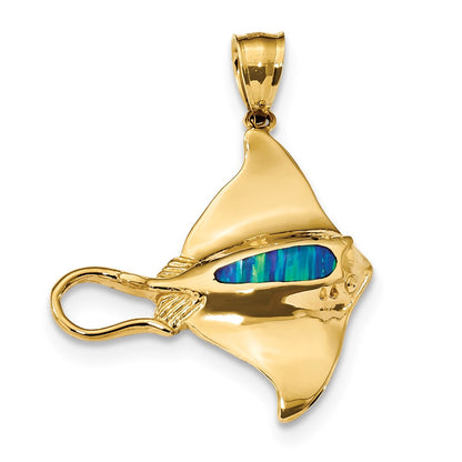 14k Yellow Gold Polished w/Created Blue Opal Stingray Pendant