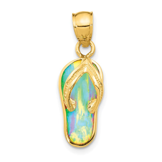 14k Yellow Gold Polished 3D w/Created White Opal Flip Flop Pendant