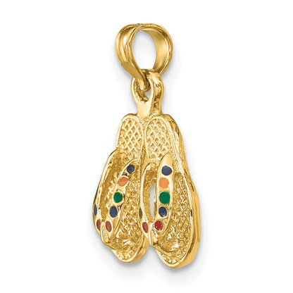 14k Yellow Gold  3D W/ Multi-Color Enamel Double Flip-Flop Charm
