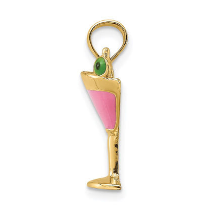 14k Yellow Gold Pink Enameled Cosmo Martini w/Olive Charm