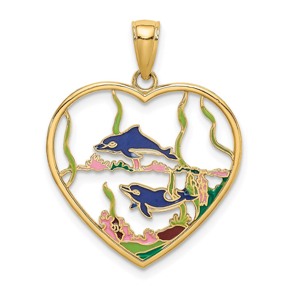 14k Yellow Gold Enamel Dolphins In Heart Charm