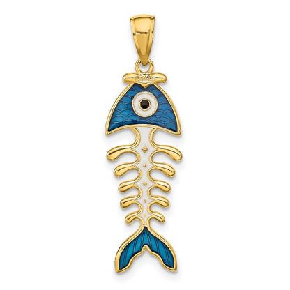 14k Yellow Gold 3D  Blue Enamel Fish Bone Pendant