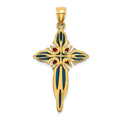 14k Yellow Gold Blue and Red Enameled Cross Charm
