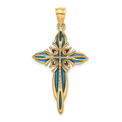 14k Yellow Gold Blue and Red Enameled Cross Charm