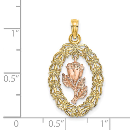14k Two-tone Gold Two-tone Gold Textured Oval Frame Dangling Rose Charm
