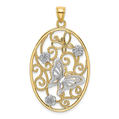 14k Two-tone Gold Two-tone Gold w/Rhodium Butterfly and Flowers in Oval Frame Charm