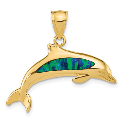 14k Yellow Gold Lab Created Opal Dolphin Pendant