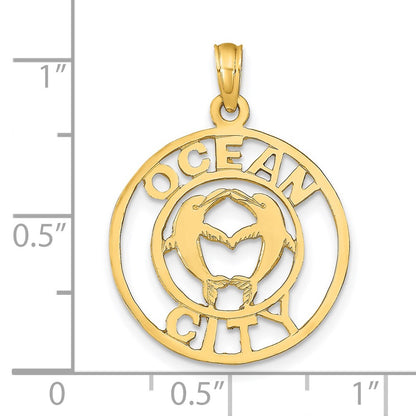 14k Yellow Gold OCEAN CITY w/Dolphins Pendant