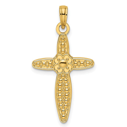 14k Yellow Gold Beaded u0026 Polished Fancy Flower Cross Pendant
