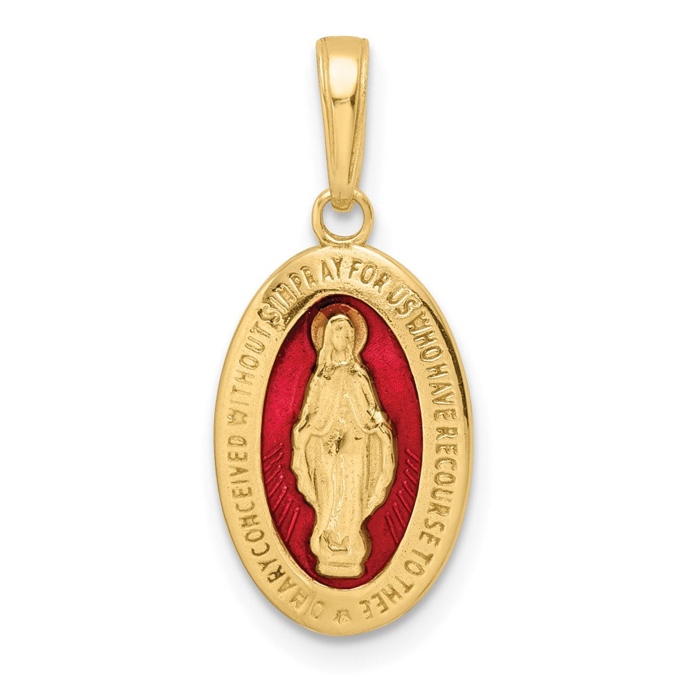 14k Yellow Gold Red Enameled Miraculous Medal Pendant