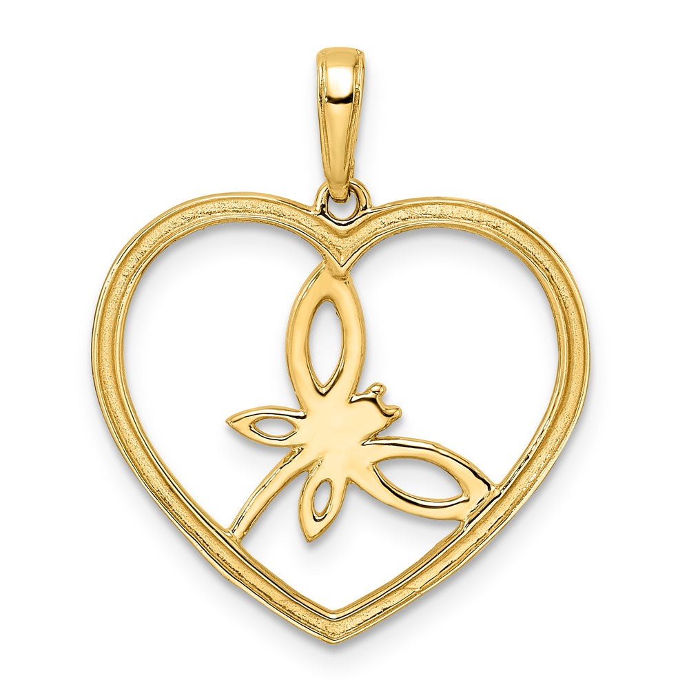 14k Yellow & Rhodium Gold and White Rhodium Diamond-cut Dragonfly in Heart Pendant