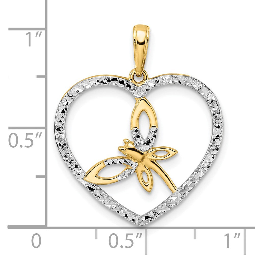 14k Yellow & Rhodium Gold and White Rhodium Diamond-cut Dragonfly in Heart Pendant