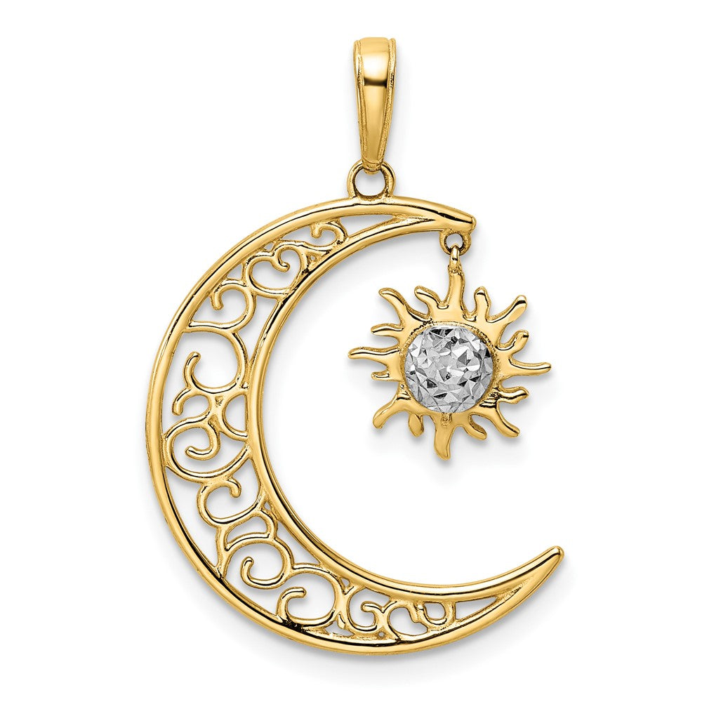 14k Yellow & Rhodium Gold and White Rhodium Diamond-cut Moon and Dangle Sun Pendant