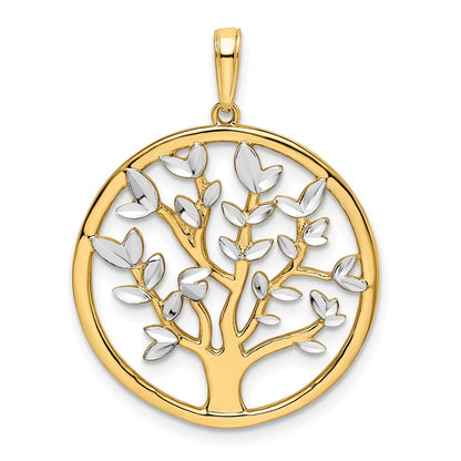 14k Yellow & Rhodium Gold and White Rhodium Diamond-cut Tree of Life Pendant