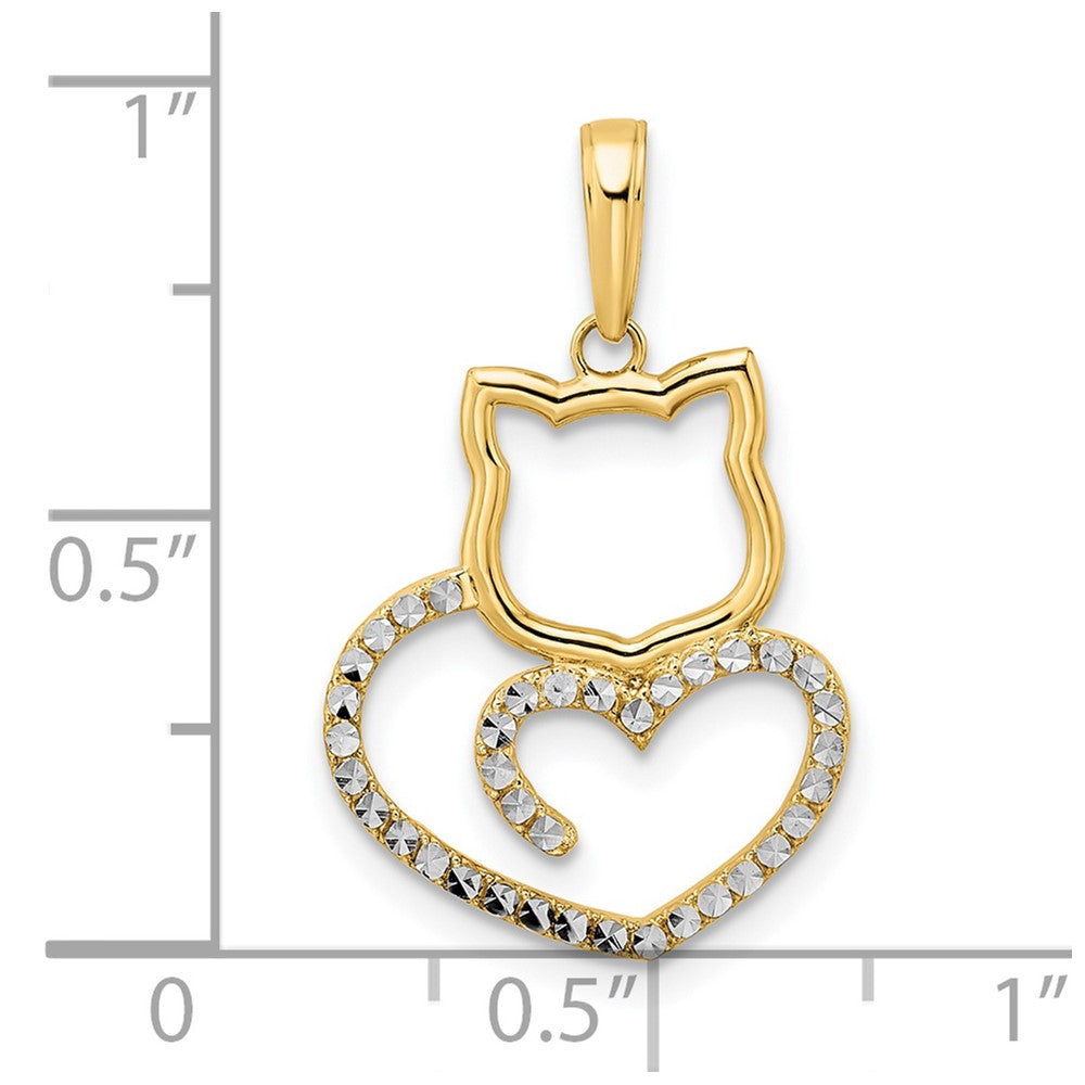 14k Yellow & Rhodium Gold and White Rhodium Diamond-cut Cat Heart Pendant