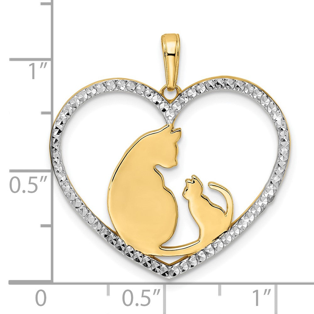 14k Yellow u0026 Rhodium Gold and White Rhodium Diamond-cut Cat and Kitten in Heart Pendant