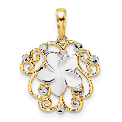 14k Yellow & Rhodium Gold and White Rhodium Diamond-cut Floral Pendant