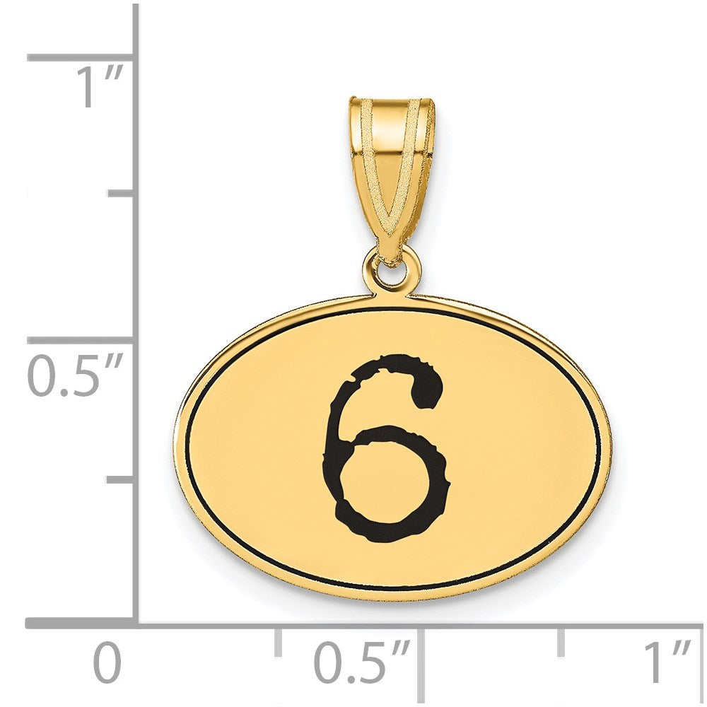 14k Yellow Gold Polished Number 6 Black Enamel Oval Pendant