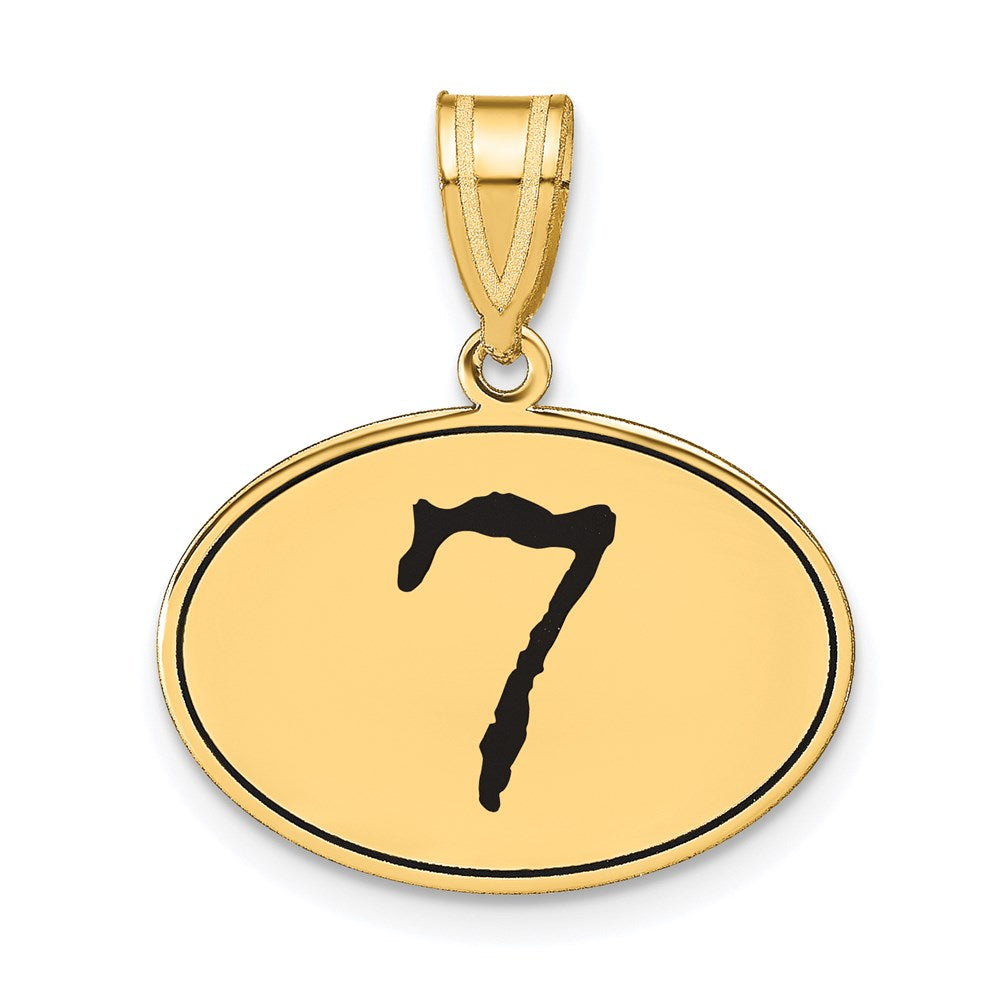 14k Yellow Gold Polished Number 7 Black Enamel Oval Pendant