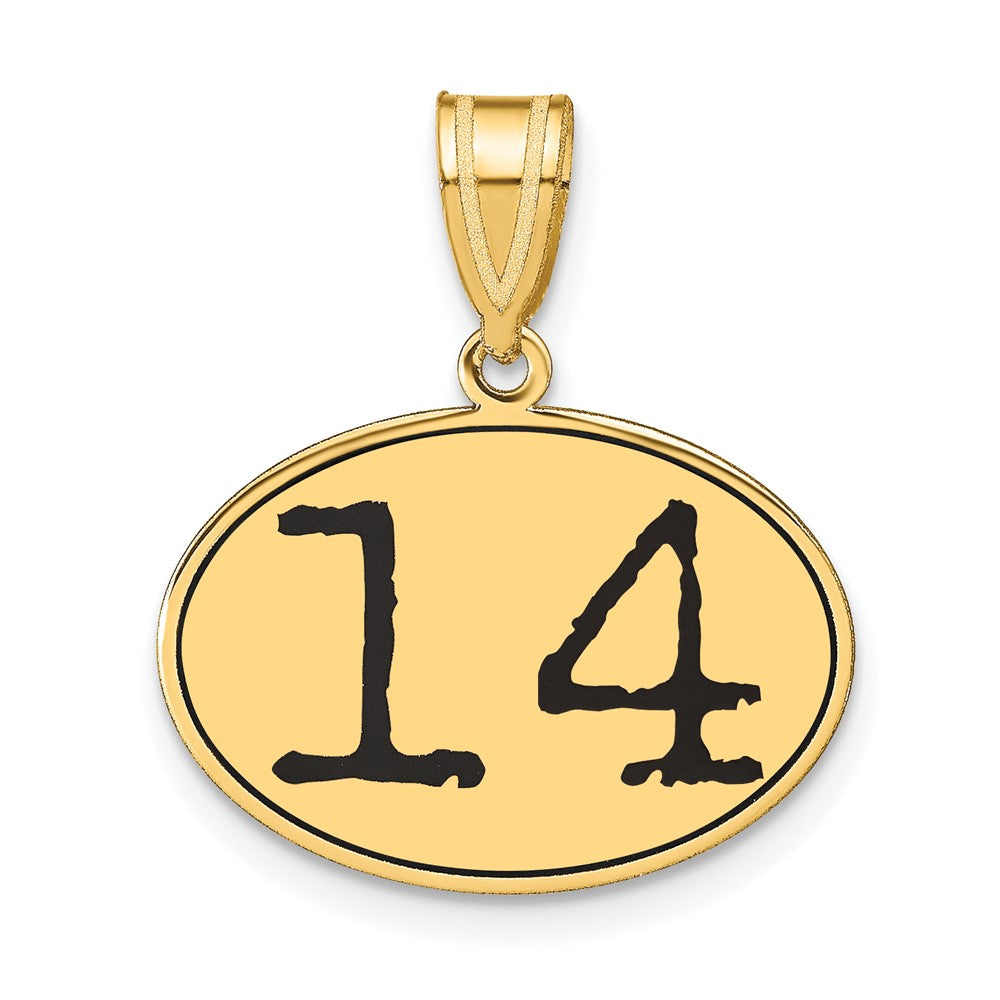 14k Yellow Gold Polished Number 14 Black Enamel Oval Pendant