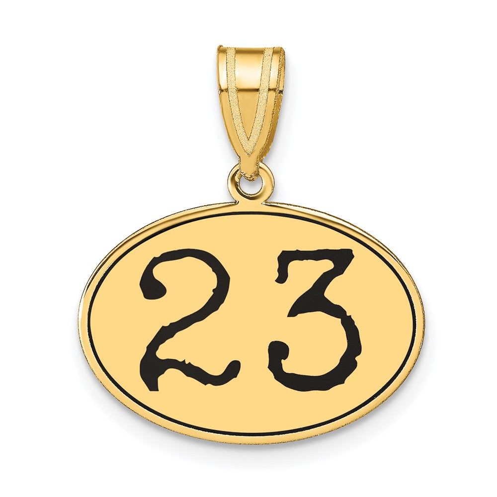 14k Yellow Gold Polished Number 23 Black Enamel Oval Pendant