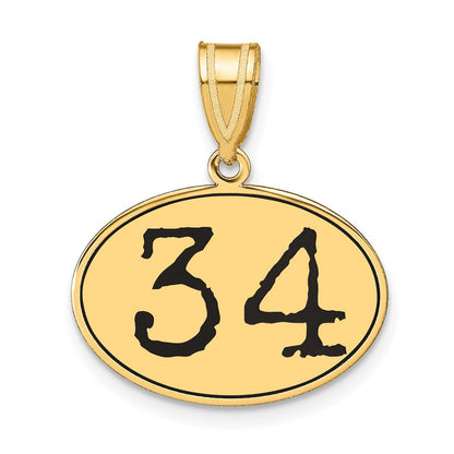 14k Yellow Gold Polished Number 34 Black Enamel Oval Pendant