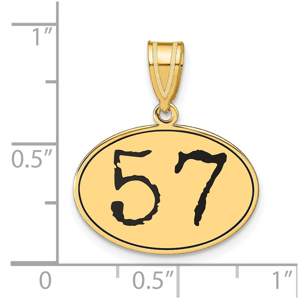 14k Yellow Gold Polished Number 57 Black Enamel Oval Pendant