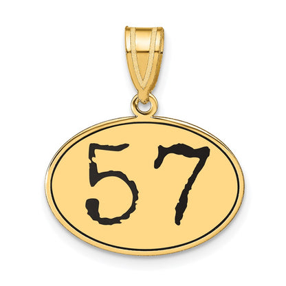 14k Yellow Gold Polished Number 57 Black Enamel Oval Pendant