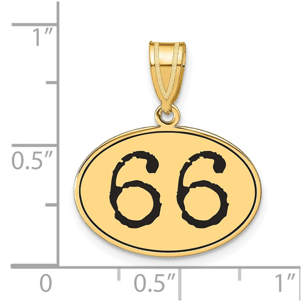 14k Yellow Gold Polished Number 66 Black Enamel Oval Pendant