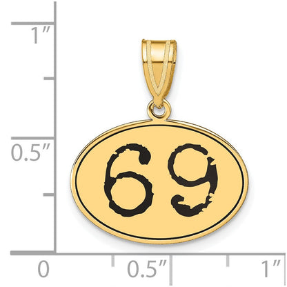 14k Yellow Gold Polished Number 69 Black Enamel Oval Pendant