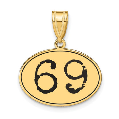 14k Yellow Gold Polished Number 69 Black Enamel Oval Pendant