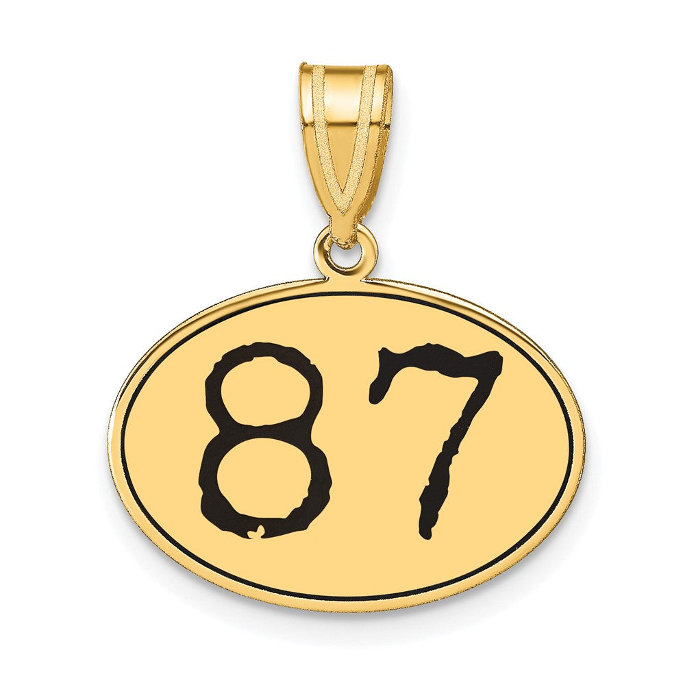 14k Yellow Gold Polished Number 87 Black Enamel Oval Pendant