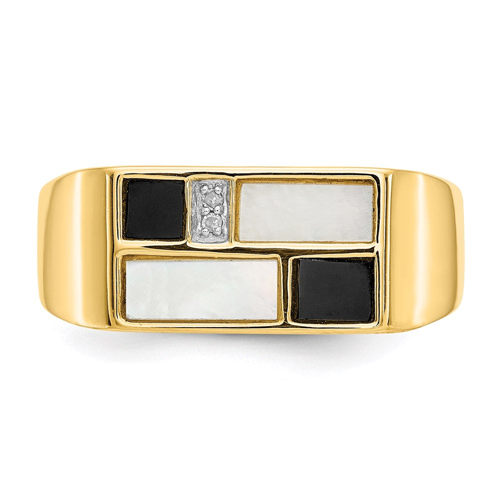 14k Yellow Gold Onyx Mother of Pearl & A Quality Diamond Mens Ring