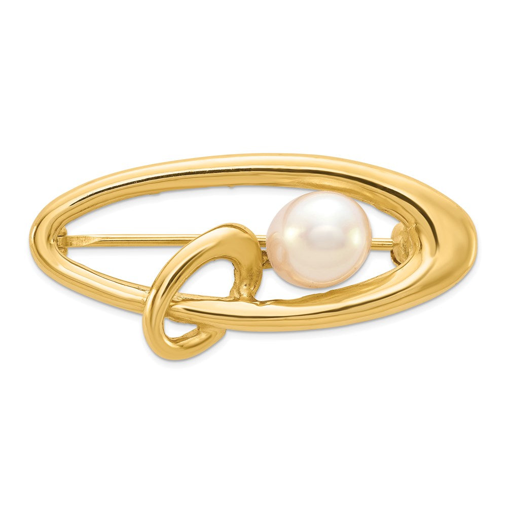14k Yellow Gold Polished Oval with 5-6mm White Rice Freshwater Cultured Pearl Pin Brooch