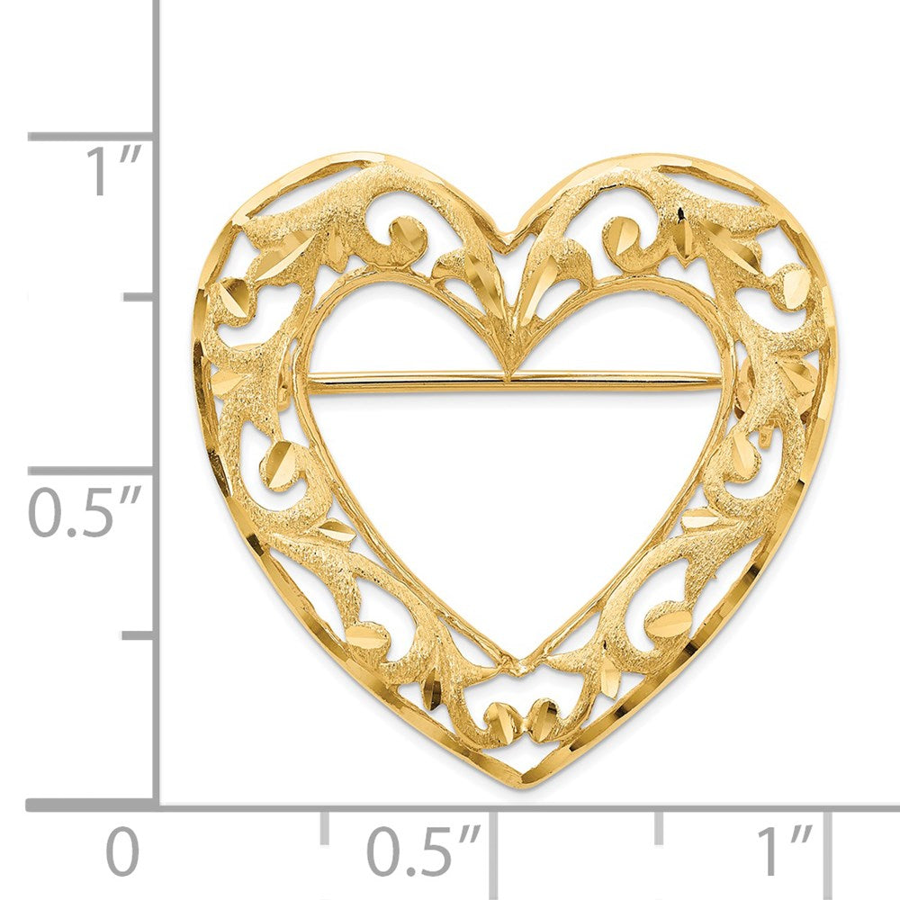 14k Yellow Gold Diamond-cut Polished and Satin Filigree Open Heart Pin Brooch