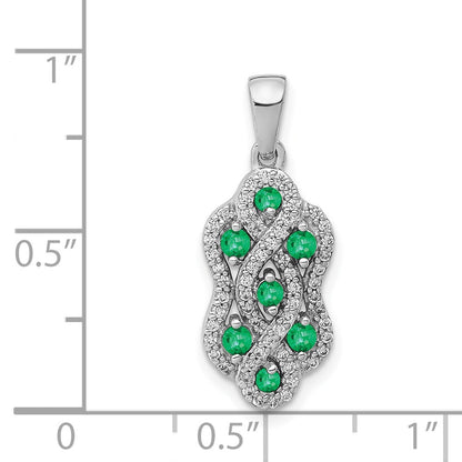 Solid 14k White Gold Twist Simulated CZ and Emerald Fancy Pendant