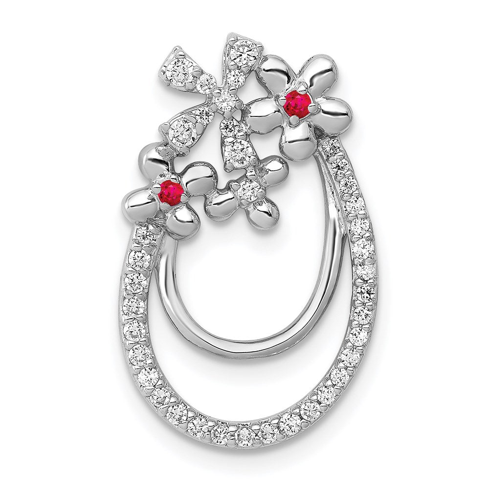 14k White Gold Real Diamond and .04 Ruby Flower Chain Slide