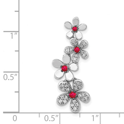 14k White Gold Real Diamond and .19 Ruby Four Flowers Chain Slide