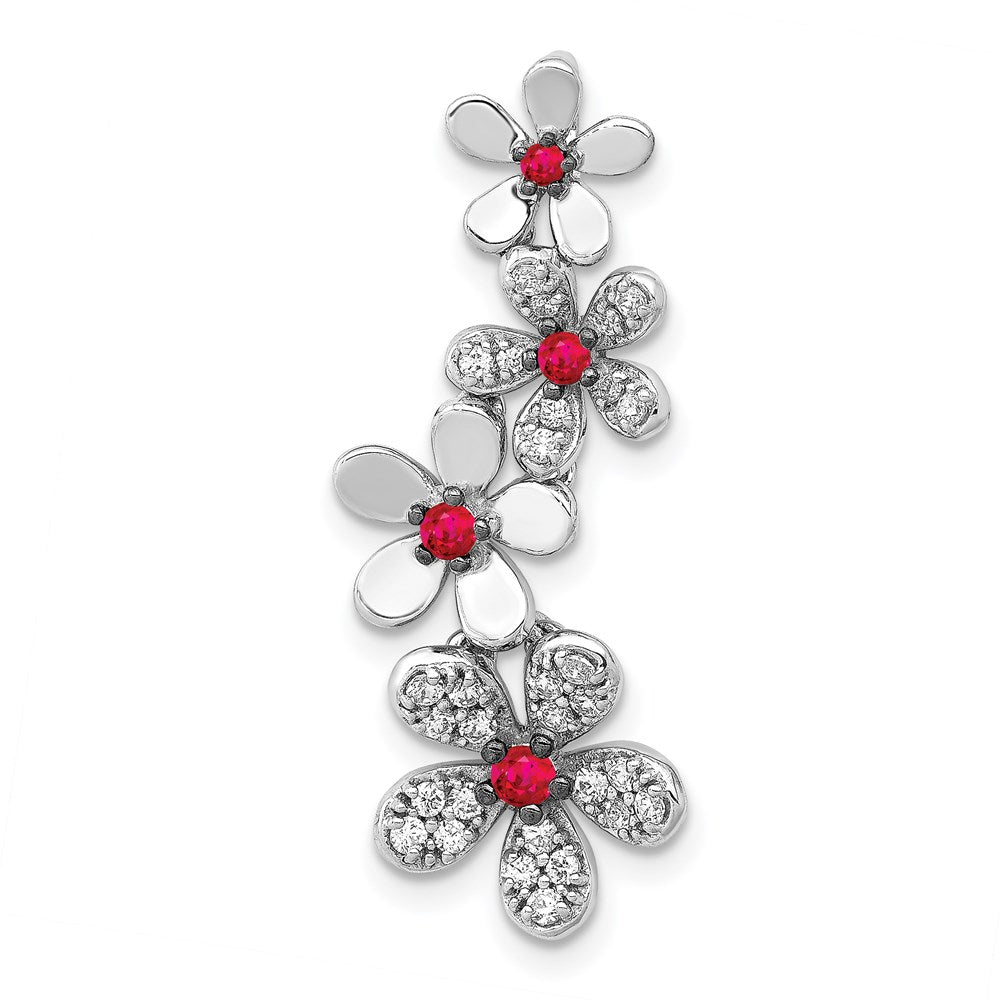 14k White Gold Real Diamond and .19 Ruby Four Flowers Chain Slide