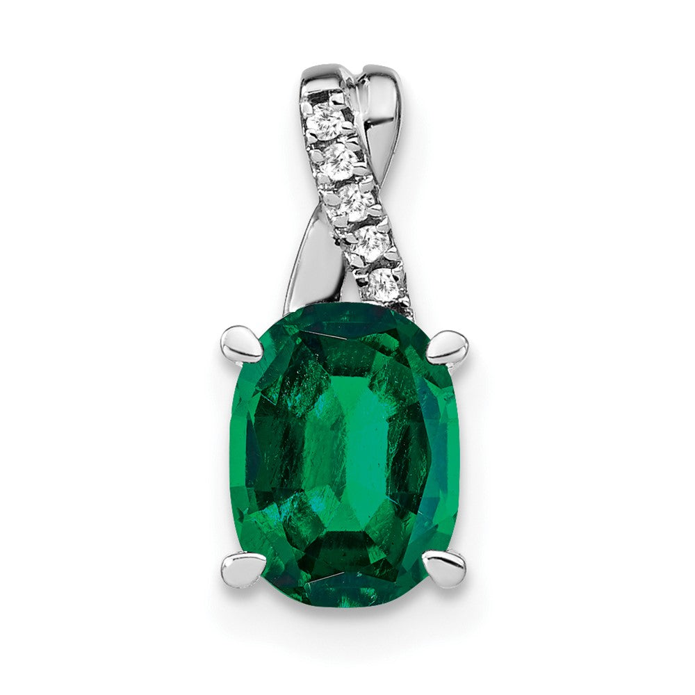 Solid 14k White Gold Oval Created Simulated Emerald and CZ Pendant