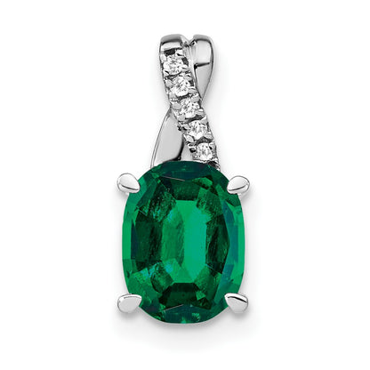 Solid 14k White Gold Oval Created Simulated Emerald and CZ Pendant