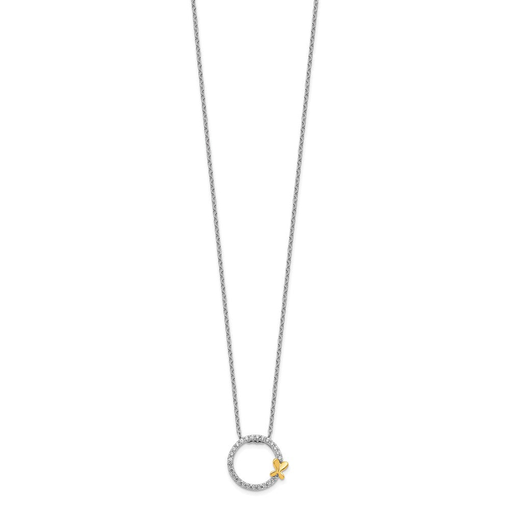 14k Two-Tone Gold Real Diamond Butterfly on Circle Pendant