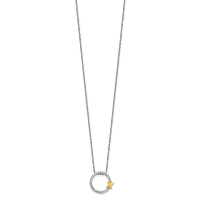 14k Two-Tone Gold Real Diamond Butterfly on Circle Pendant