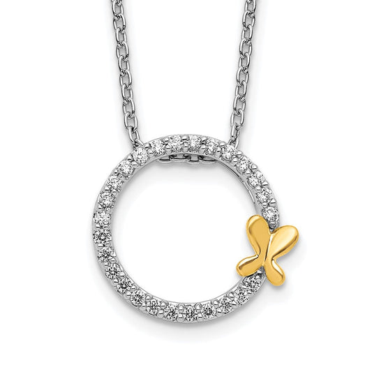 14k Two-Tone Gold Real Diamond Butterfly on Circle Pendant