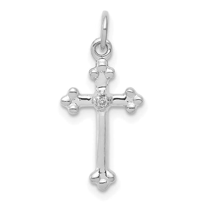 14k White Gold Small Real Diamond Budded Cross Pendant