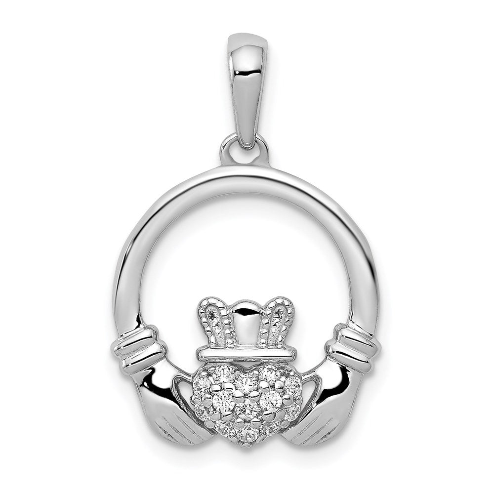 14k White Gold Real Diamond Claddagh Circle Pendant