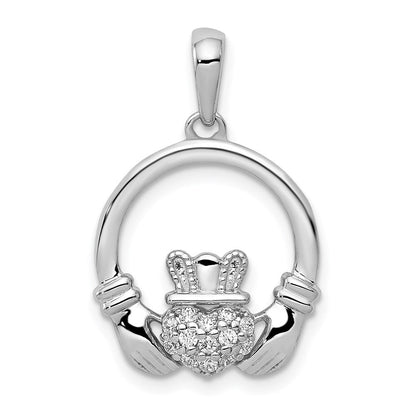 14k White Gold Real Diamond Claddagh Circle Pendant