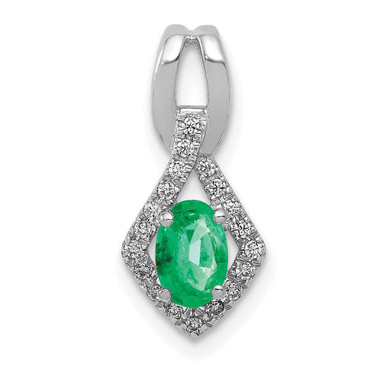 14k White Gold Fancy Real Diamond and Oval Emerald Pendant