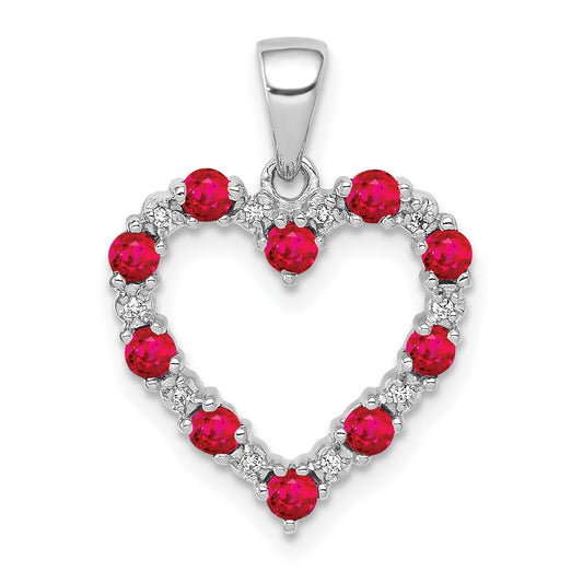 Solid 14k White Gold Simulated CZ and .35 Ruby Heart Pendant